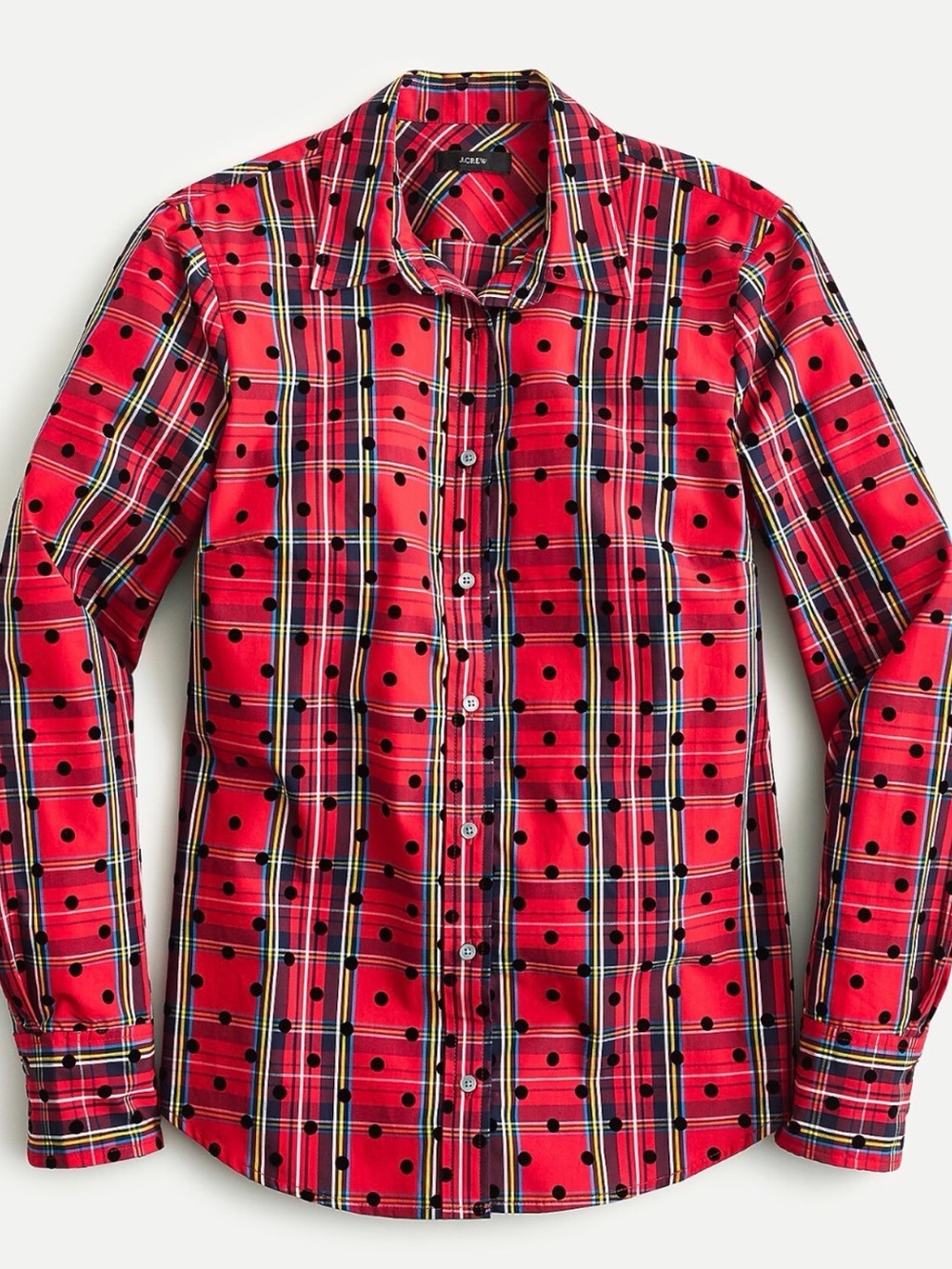 NWOT J. Crew Red Tartan Plaid Button-Down with Black Velvet Dot Pattern